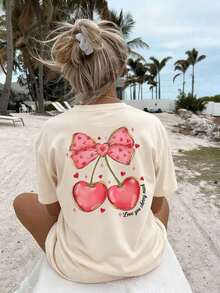 Women's Summer Valentine's Day New Simple Bow Heart Print Casual Vacation Loose Versatile Round Neck Camel Short Sleeve T-Shirt, Fashionable Everyday Top, Suitable For Daily Vacation And Valentine's Day Datewinter Clothes For Women - 杏色 - 查看 1