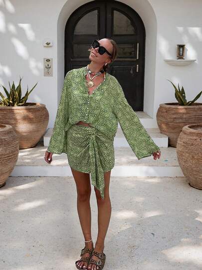 Women's Casual Bohemian Style Elegant 2-Piece Set, Shirt Collar Top Paired With Tie-Waist Midi Skirt Vacation