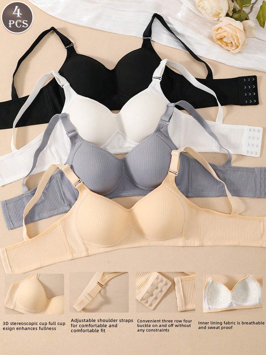 4 Buah Bra Bergaris Warna Polos dengan Desain Cup 3D Cetak, Tanpa Kawat Penyangga, Tali Bahu Nyaman yang Dapat Diatur dengan 3 Kait, Pakaian Dalam Wanita Minimalis dan Elegan