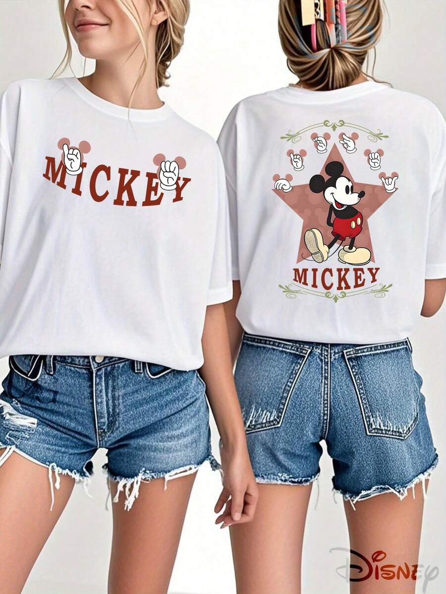 Authorized By Disney, Mickey Mouse Pattern Women's 100% Cotton T-Shirt-Creative Cartoon Printing, Breathable Light Fabric, Regular Round Neck Summer Street Casual Shirt, Disney Shirt, Holiday Gift, The Same For Men And Women, Relaxed And Comfortable. - White - View 1