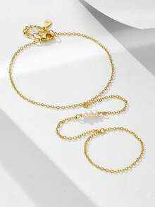 1pc S925 Sterling Silver Natural Pearl Finger Chain, Elegant Niche Design Knuckle Ring Bracelet Jewelry For Women - Gold - View 2