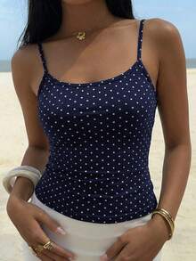 阳光女孩夏季波点印花针织吊带背心，性感清新风格，适合休闲街头和日常居家穿着。 - 藏蓝色 - 查看 4