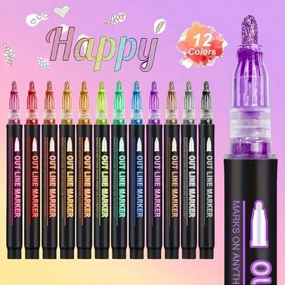 12pcs Colorful Double-Line Outline Pen Set - Dreamlike Metallic Pens - Colorful Marker Pens Highlighters - For DIY Photo Album, Black Card, Collage, Handicrafts, Ceramic, Stone, Glass, Birthday Gift, Christmas Gift