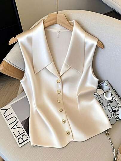 YUXIN Elegant French Style Sleeveless Women's Blouse | Satin Shirt With Gold Button Collar | Multi-Color Fashion | Suitable For Office/Afternoon Tea/Party | Skin-Friendly Breathable | Fashionable Women's Shirt For Spring, Summer, Autumn