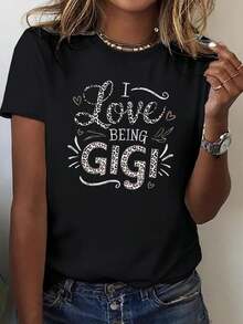 Camiseta de mujer I Love GIGI Pure, cómoda camiseta estampada con cuello redondo, top informal de manga corta - Negro - Ver 1