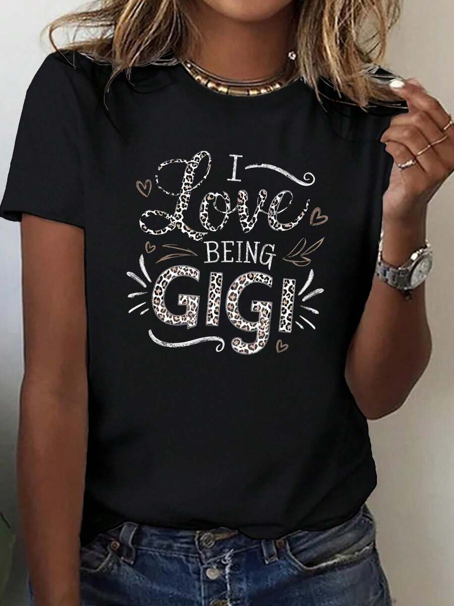 Camiseta de mujer I Love GIGI Pure, cómoda camiseta estampada con cuello redondo, top informal de manga corta - Negro - Ver 1