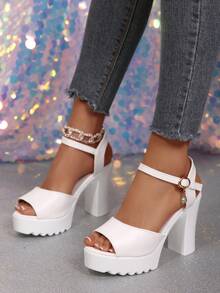 Women's High Heel Comfortable And Versatile Classic Strap Buckle Sandals,Platform Heels For Women - White - View 4