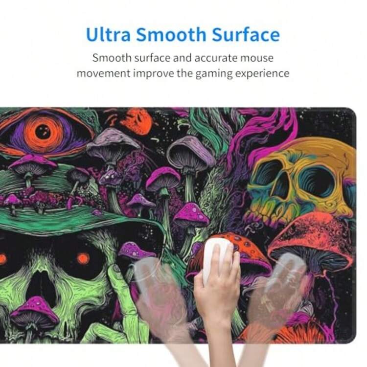 Alfombrilla de mouse de seta de calavera extendida para juegos con bordes cosidos XL para gamer oficina en casa 31.5 x 11.8 pulgadas - Hongo crneo - Añade 3