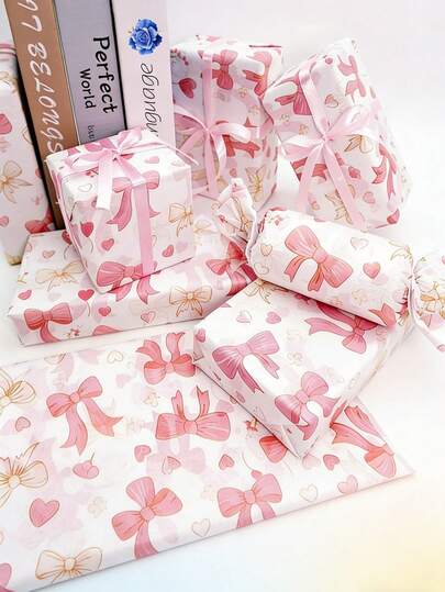 50pcs Light Pink Bow Heart Printed Gift Wrapping Paper, Suitable For Birthday, Wedding, Bridal Shower, Mother's Day, Party Favors, DIY Crafts, Gift Bags, Gift Baskets, Bouquets, Perfect For Party Favors, Birthday Party Supplies, Indoor And Outdoor DIY Decor