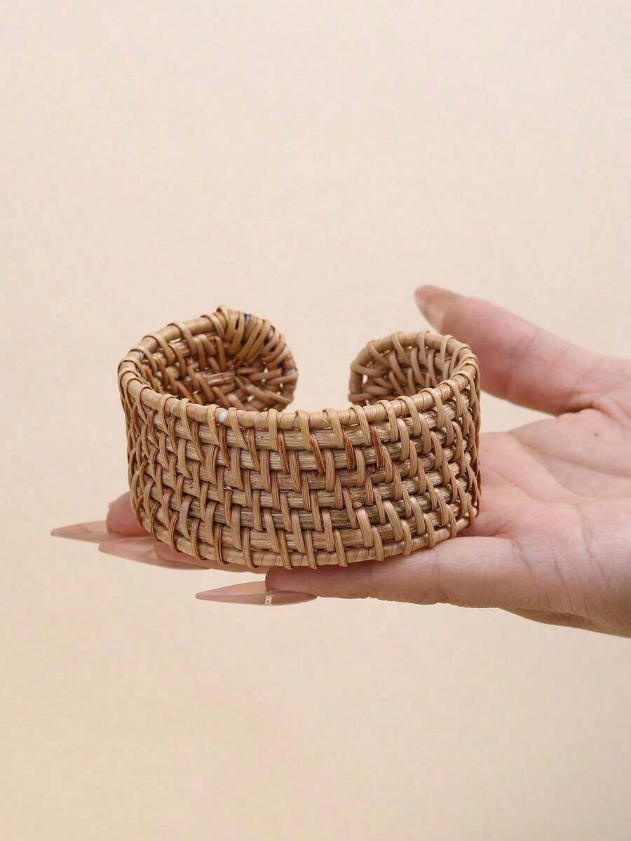 1pc Exaggerated Handmade Rattan Bangle With Stripe Effect, Large & Lightweight, Versatile Design Suitable For Women Holiday, Party And Daily Wear - Màu kaki 2 - Xem 1