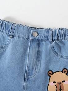 1pc Girls' Outdoor Casual Cute Sweet Denim Shorts With Pockets, Fashionable Capybara Print Design - Light Wash - View 5