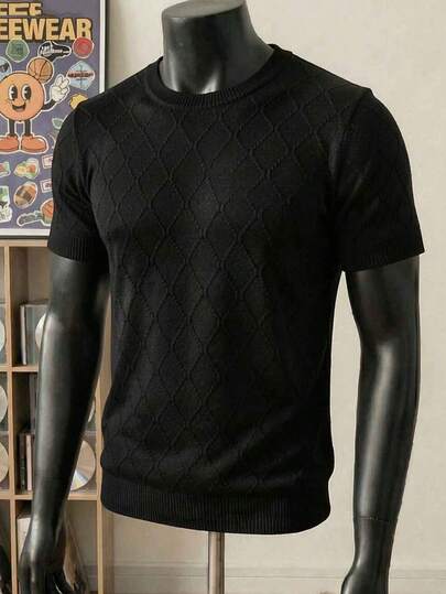 Men's Solid Color Knit Short Sleeve Sweater, Round Neck, Diamond Texture, Casual & Versatile, Spring/Summer