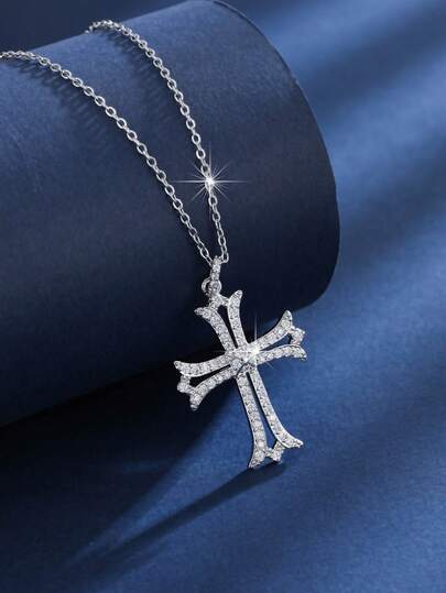 1pc Vintage-Style Zirconia Inlaid Cross Pendant Necklace, Fashionable High-End Versatile Chain Design Jewelry, Suitable For Daily Wear And Gift