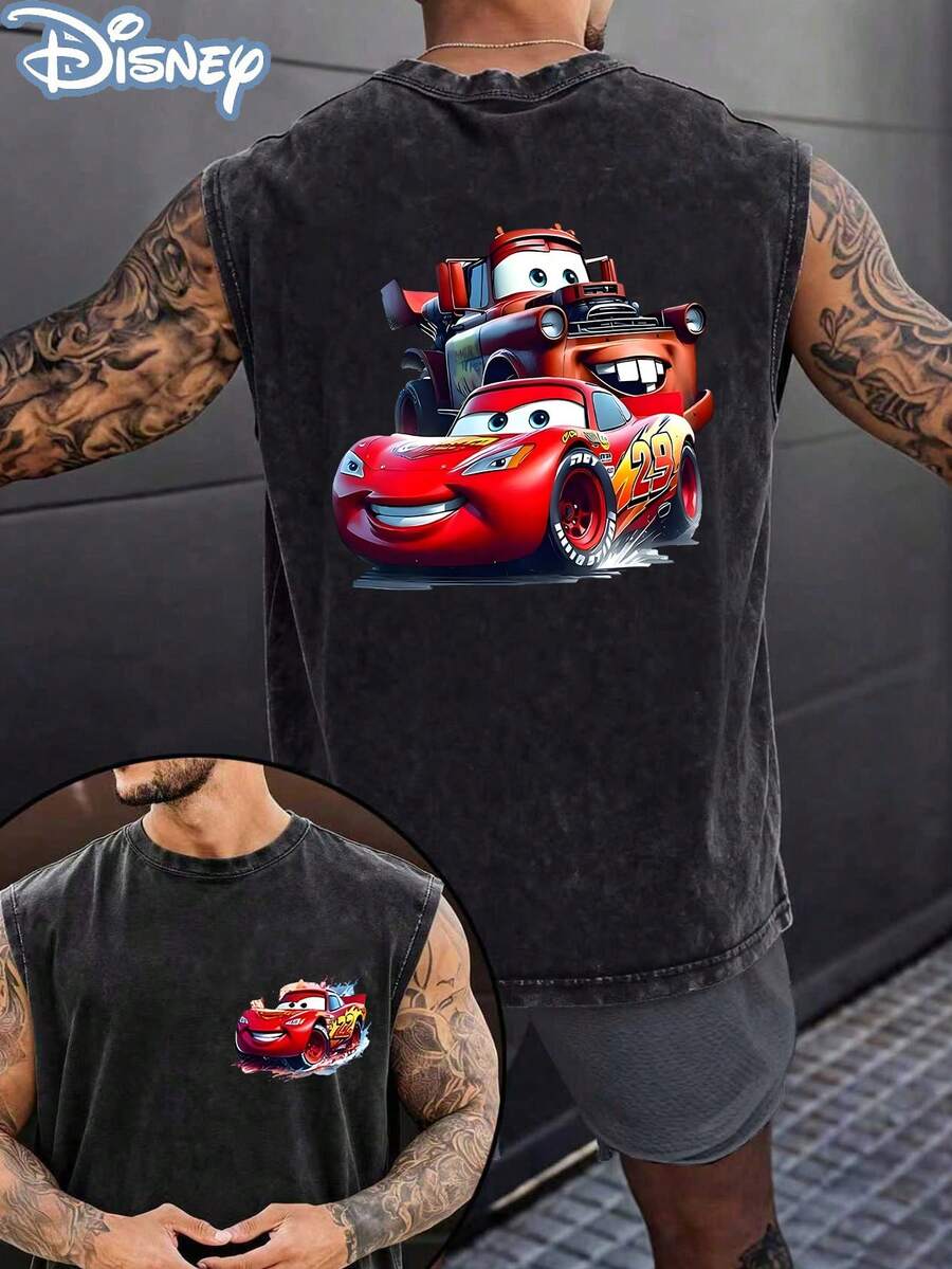Disney Official Licensed Cars Unisex Acid Wash Sleeveless T-Shirt, Lightning McQueen & Tow Mater Graphic Tank Top, 230g Heavyweight Cotton Blend, Casual Vacation Top, Breathable Summer Wear - màu đen - Xem 1