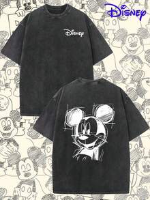 Retro Crew Neck T-Shirt | Disney Mickey Sketch Theme | Vacation Wear. A Casual And Comfortable Pure Cotton Washed T-Shirt With A Round Neck, Suitable For Sports And Everyday Wear. A Great Gift, A Party Essential, And A High-Quality Garment Perfect For Gifting. - 黑色 - 查看 1
