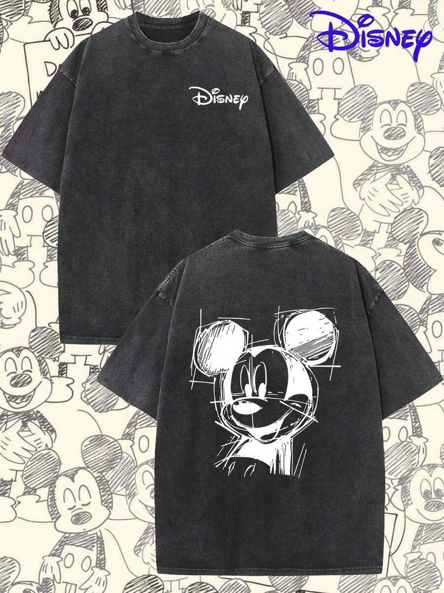 Retro Crew Neck T-Shirt | Disney Mickey Sketch Theme | Vacation Wear. A Casual And Comfortable Pure Cotton Washed T-Shirt With A Round Neck, Suitable For Sports And Everyday Wear. A Great Gift, A Party Essential, And A High-Quality Garment Perfect For Gifting. - 黑色 - 查看 1