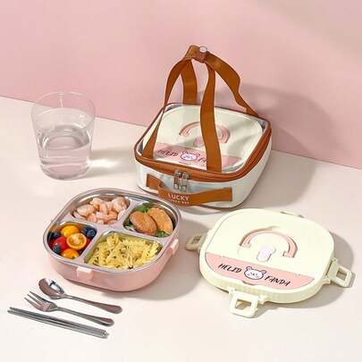 850/900ML 3/4 Compartments Portable Lunch Box With Cutlery & Handle , Cute Pattern Sealed Leak Proof 304 Stainless Steel Lunch Container Set, Large Capacity Divided Benot Box, Food Storage Container, Microwave&Dishwasher , Hot Water Heatable, Suitable For Student And Adult Use In School, Office, Outdoor Camping, Picnic, Travel
