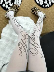 1pc Sexy Tights, English Letter Print Pantyhose For Women, Sweet & Chic Style, Suitable For All Seasons, Velvet White Letter Pattern Leggings, Retro Fashion, White Skinny Pants/Thigh High Socks, High Elasticity Wool Blend, Slim Fit, Suitable For Casual, Office And Home Wear In Autumn/Winter, Warm And Comfortable - Multicolor - View 6