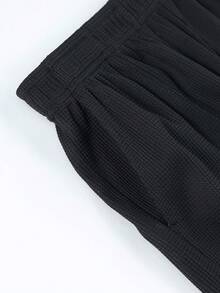 Set 2 buc. pentru adolescenți/tineri, sporturi în aer liber, casual, lejer, cu model waffle, cu mânecă scurtă și pantaloni scurți waffle, nou-veniți de primăvară/vară - Negru - Vizualizare 9