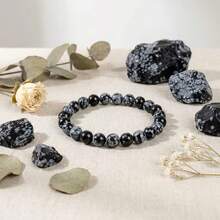 1pc 8mm Snowflake Stone Natural Beaded Elastic Bracelet, Suitable For Daily Wear And Parties, Best Gift For Family And Friends - Multicolor - View 6