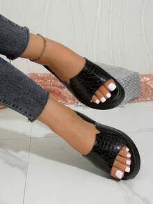 女士夏季厚底露趾防滑坡跟凉鞋 - 黑色 - 查看 4