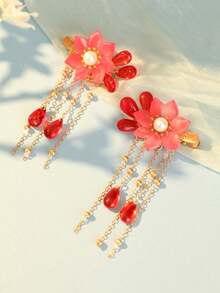 2 piezas Clips para el cabello con borlas y flores de granado al estilo chino, lindos y dulces, regalo para mujeres, adecuados para uso casual diario - Rojo - Ver 1
