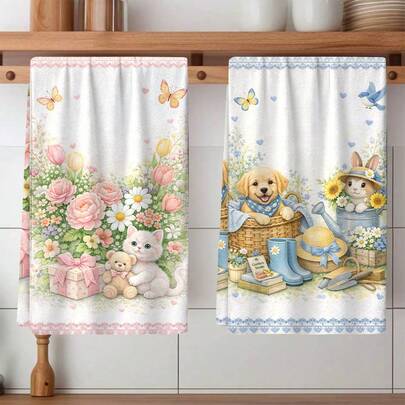 2pcs Animal & Floral Pattern Kitchen Towel Set, Holiday Decor Towels, Super Soft Polyester Blend, Modern Style, Ideal For Holiday Decoration, Kitchen Decor, Dining Table Decor, Beautiful Towels, Holiday Gift Set