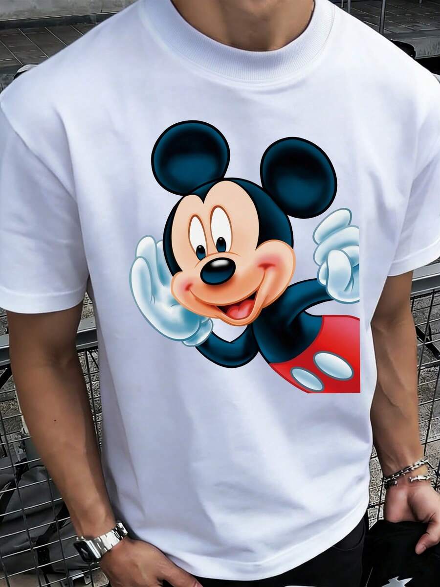 Mickey Mouse Cartoon Print 1 Piece Disney Pattern Printed Fashion Crew Neck T-Shirt, Made Of 100% Pure Cotton, Soft And Comfortable, Is The Ideal Choice For Daily Wear, Vacation Leisure, Outdoor Adventures, Campus Life, And Shopping Trips. It's A Must-Have Item For Summer And Also The Perfect Gift To Give. - trắng - Xem 1