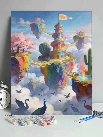梦幻天空城堡 DIY 数字油画 帆布画工艺品 成人家居装饰 40x50厘米/16x20英寸 节日礼物