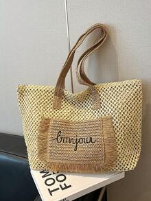 夏季草编沙滩包，大容量手提袋，购物篮，手提包，度假风，简约百搭，多口袋设计，适合装连衣裙、购物、旅行、收纳，藤编包 - 米色 - 查看 5