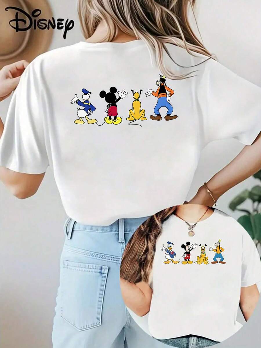 Disney Loose Fit Mickey Mouse, Donald Duck, Pluto, High Flying Back Printed T-Shirt, Suitable For Summer And Spring, Short Sleeved Top, Women's Clothing, Holiday Gift Party Clothing. - trắng - Xem 1