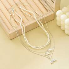 Multi-Layer Rhinestone Fish Tail & Bow Pendant Necklace, Layered Faux Pearl Jewelry Suitable For Women's Daily Wear - Silver - View 11