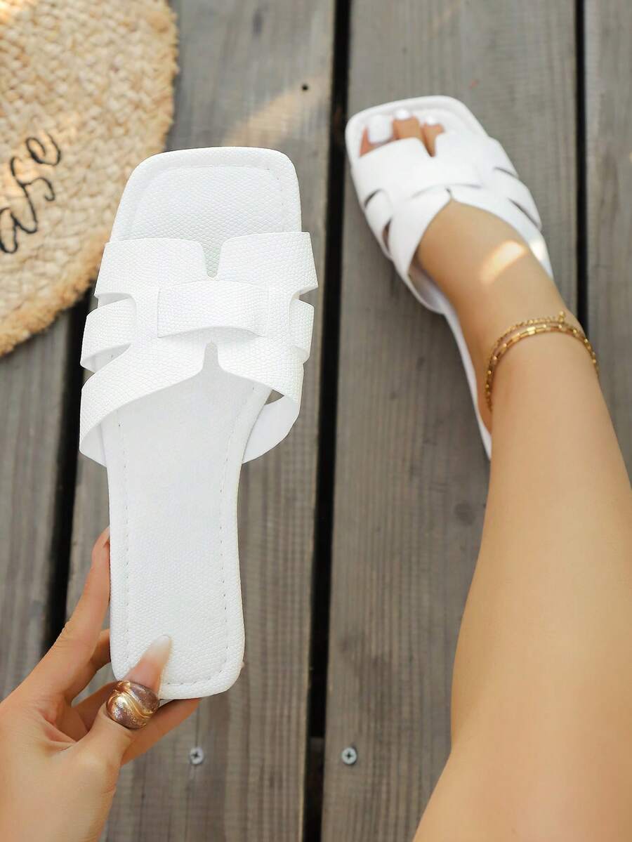 Sandali piatti casual stile vacanza per adolescenti, punta tonda, decorazione a fascia incrociata a forma di H, per uso quotidiano e pendolarismo, nero, bianco, marrone - Bianco - Visualizzare 1