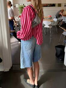 New Arrival Fashionable & Elegant Striped Woven Fabric Ruffle Hem Button-Up Shirt, Suitable For Vacation, Daily Wear, Travel, All Seasons Spring - Hot Pink - View 5
