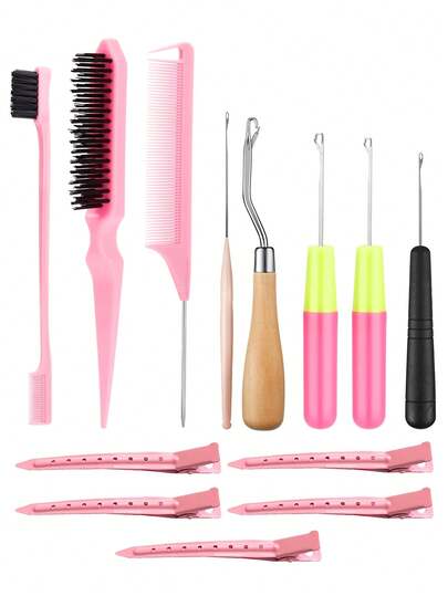 13PCS Braiding Hair Hook Tool Set, Includes 5 Hooks Of Different Sizes, 3 Different Brushes, And 5 Alloy Hair Clips Combo Set