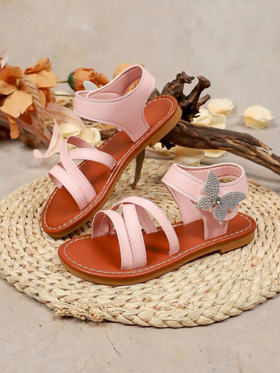 2026 Neue rosa Mädchen Strandsandalen, einfarbig rutschfeste Gummisohle, weißer Glitzer Schmetterling Dekor, Klettverschluss Design runde Zehenpartie, weiches PU modisches, süßes Kindersandale mit offener Zehenpartie, geeignet für Mädchen Alltag, Schule, Aufführungen, Spazierengehen, Reisen, Partys, Frühling/Sommer - Pink - Übersicht 1