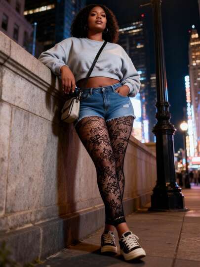 1pc Women's Curve Tights, Vintage Floral Pattern Jacquard Hollow Fishnet Stockings, Stretchy Cropped Leggings, Thin Sexy Pantyhose For Spring/Summer, Y2K Style, Versatile For Pairing With Skirts/Pants, Suitable For Halloween