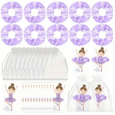 Bộ quà tặng tiệc sinh nhật 5/10 bao gồm: 10/30 dây buộc tóc, 10/30 thiệp cảm ơn múa ba lê, quà tặng buổi biểu diễn múa, quà tặng sinh nhật chủ đề ba lê (có màu hồng/tím).