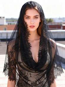 1pc Black Lace Bridal Veil, Women's Solid Color Lace Embroidered Shawl Scarf Muslim Headscarf - 黑色 - 查看 3
