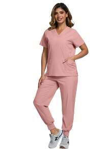 女士制服套装，手术服，护士及美容院工作服，临床手术服上衣和裤子套装，优雅短袖V领护士制服上衣和束腰裤（春季款） - 珊瑚粉 - 查看 7