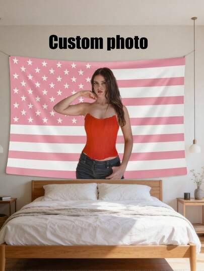 1 pieza Tapiz con retrato personalizado de la bandera estadounidense, tela decorativa colgante de poliéster personalizada con la bandera estadounidense, impresión de familia, amigos, pareja para decoración del hogar, sala de estar, dormitorio, oficina / decoración de habitación / decoración de fiesta
