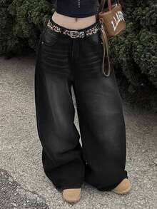 少女时尚阔腿休闲牛仔裤 - 黑色 - 查看 2