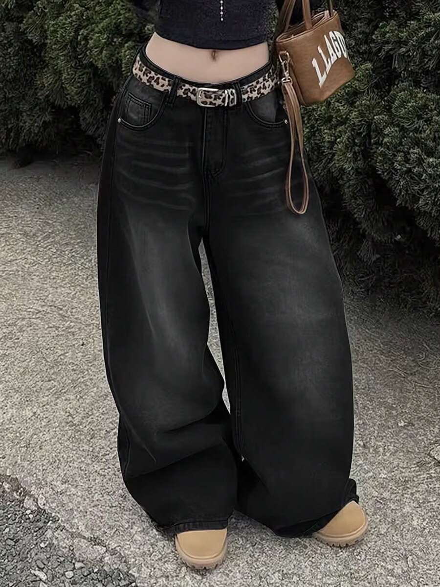 Teens' Fashionable Straight Loose Wide-Leg Casual Jeans, Suitable For All Seasons - Black - View 1