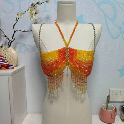 1 pieza Chaleco hecho a mano con cuentas de moda, top de mujer, pequeño chaleco, cadena corporal, cadena de pecho