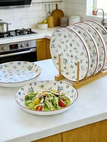 2 Peças Conjunto de Pratos de Jantar Cerâmicos Florais de 8 Polegadas, Travessas de Servir Redondas de Cerâmica para Uso Doméstico, Conjunto de Louça com Padrão de Flores Minimalista de Alta Qualidade, Pratos de Salada e Bife, Pratos de Sobremesa, Cozinha e Jantar, Forno e Micro-ondas - Multicolorido - Visão 7