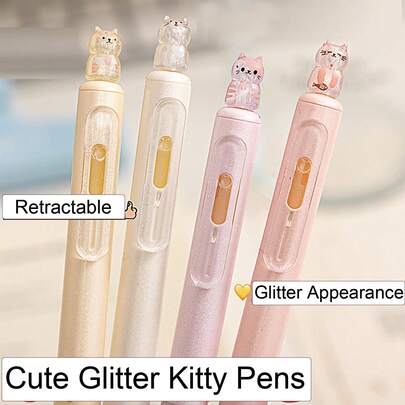 4pcs Cute Cat Shaped Retractable Ballpoint Pens, Latest Fashion Design, 0.5mm Fine Tip, Quick-Drying Black Ink, Stylish Korean/Japanese Style, Suitable For Personalized Use, Essential For Office, Study, Drawing, Exams, Great For Back To School Season