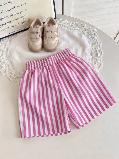 1件装女童条纹休闲短裤，夏季儿童百搭裤
