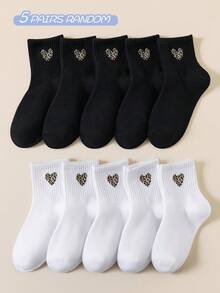 1/5 pares de calcetines para niños de primavera/verano, estilo minimalista, dulce y lindo con estampado de leopardo y decoración de corazón de encaje, suaves, cómodos, transpirables y aptos para la vida diaria, vacaciones, viajes, escuela, deportes, Día de San Valentín - Multicolor - Ver 5