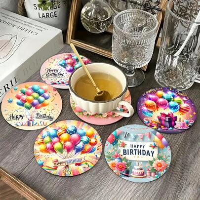 6 pièces Set de sous-verres en bois, fournitures pour fête d'anniversaire, résistant à la chaleur, antidérapant, résistant aux rayures, non déformable, facile à nettoyer, portable, multi-pack, rentable, convient pour diverses tasses, mugs, tasses à café, tasses à thé, verres à eau, chopes à bière, maison, bureau, usage extérieur