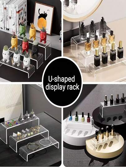 Estante de exhibición de acrílico transparente de 3 y 5 niveles, organizador de maquillaje, soporte para joyas, estante para zapatos, decoración de fiesta, elevador de exhibición de acrílico con película resistente a los arañazos, soporte de exhibición en forma de U de varios niveles para figuras, perfumes, cosméticos